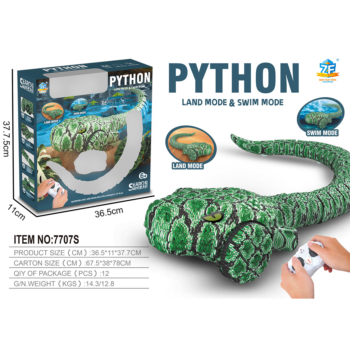 Realistic Remote Control Snake Toy | HugmieToys python version with land and swim modes, featuring lifelike green scales and a wireless controller.